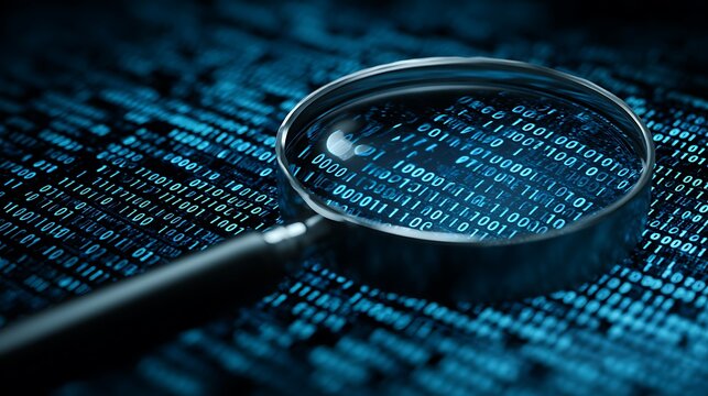 Magnifying glass over a binary code matrix, showcasing digital information and data analysis - Powered by Adobe