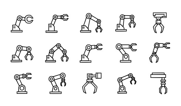 Thin line robot arm vector icons for automation and engineering concepts