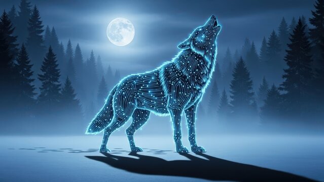 Glowing blue wolf howling at the moon in a forest landscape at night