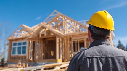 Fototapeta premium Construction worker in yellow hard hat surveys partially built house on a sunny day