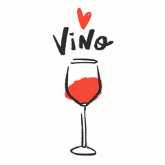 Wineglass with red wine. Vino text. Hand drawn Vector illustration. Retro, vintage minimal style. Poster, print, home decoration, menu cover, invitation, design template. Wine tasting, party concept