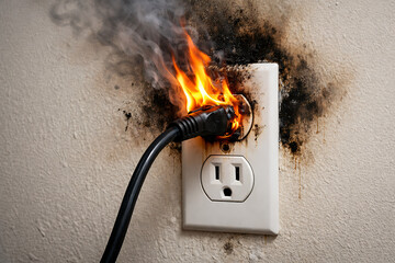 Electrical fire hazard outlet overload overheating causing dangerous house fire risk requiring immediate emergency intervention preventing residential property damage loss safety inspection repair