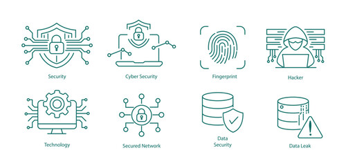 Cyber Security and Data Privacy Line Icon Set with Hacker, Biometric Fingerprint and Data Leak Warning