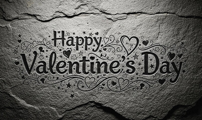 Black or light gray rough grainy stone texture happy valentines day background. Valentine's day design card. Holiday banner, web poster, flyer, color brochure 