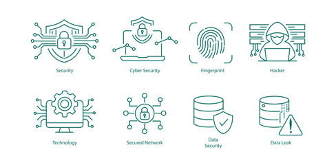 Cyber Security and Data Protection Line Icons including Hacker, Fingerprint and Data Leak