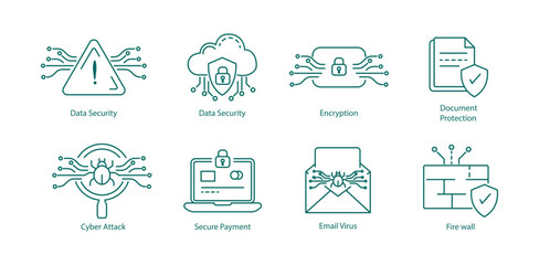 Cyber Security and Data Protection Line Icons with Virus, Encryption and Firewall