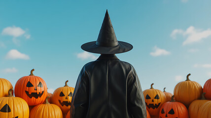 Witch in Black Hat and Coat Standing Among Halloween Pumpkins on Sunny Day
