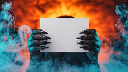 Witch Hands with Black Claws Holding Blank Card in Smoke and Fire Background