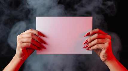 Female Hands with Red Nails Holding Blank Card on Dark Smoky Background