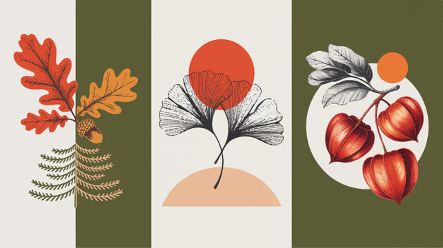autumn leaves and branches with acorns and fern on green background