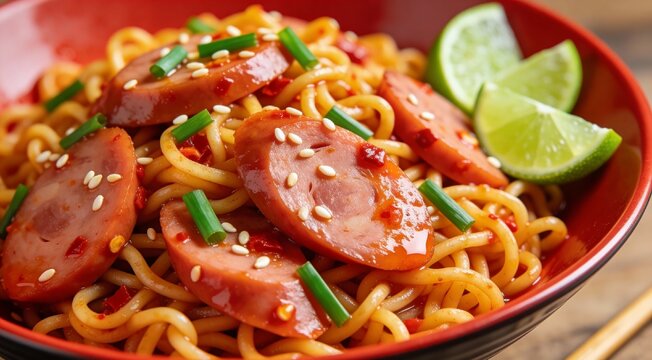 Spicy Noodle Salad with Vietnamese Sausage Close Up