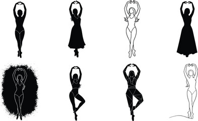 Elegant ballerina silhouette vector set, women standing in dance pose, outline and abstract shapes, modern ballet dancer collection artwork © Md