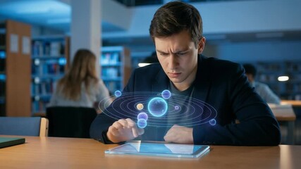 Focused study of futuristic education technology with holographic solar system model on tablet in modern library showcasing future learning system - Powered by Adobe