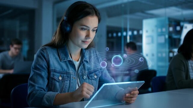 Young woman using tablet with futuristic holographic solar system model in modern classroom showcasing future education technology advancements