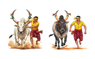 Powerful Bull and Brave Man in Jallikattu Cultural Sports Illustration, PNG Transparent Background Isolated on White