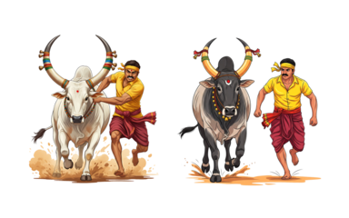 Powerful Bull and Brave Man in Jallikattu Cultural Sports Illustration, PNG Transparent Background Isolated on White