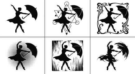 Elegant dancing woman silhouette with umbrella, artistic ballerina movement illustration set, graceful vector icons for dance art and style © Md