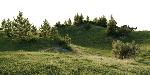 Lush Green Pine Forest Hillside on transparent background. 3D rendering. 