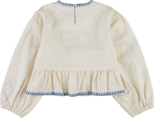 Elegant white blouse with blue trim and ruffled hem isolated on transparent background