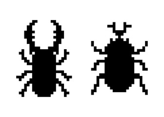 Black pixel art beetle silhouette icons isolated on white background. Retro 8-bit style insect icons.