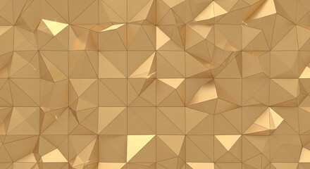 Geometric pattern of golden triangles creating an abstract, polygonal surface, representing luxury, modern design, or technological advancement