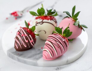 Chocolate-dipped strawberries, glossy coating, red and pink tones, marble background, clean composition