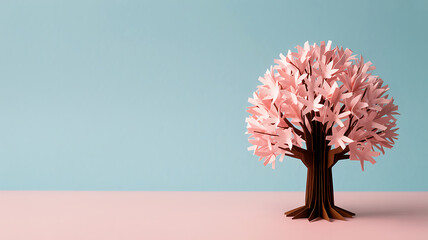 Stylized spring tree with pink paper leaves on pastel blue background with copy space for seasonal design