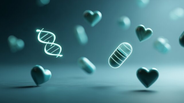 Minimalist DNA Helix with Abstract Medical Icons. Clean Biotechnology and Pharmaceutical Science Background. - Powered by Adobe