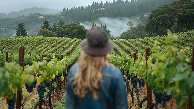 A person stands in a vineyard looking out at rows of grapevines. The morning is foggy, and the scenery includes hills and trees in the background. The grapes are ready for harvest