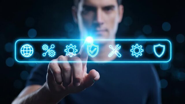 Man interacts with a digital security interface featuring icons for protection and system management.