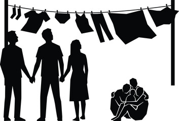 Family standing together under clothesline silhouette, unity and support contrasted with hardship, social awareness concept, relationships and resilience, black white vector illustration