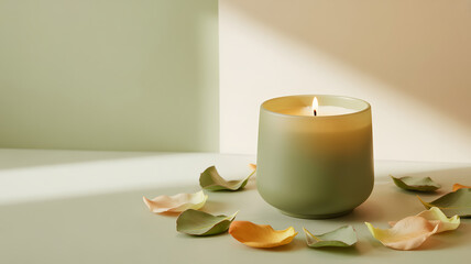 Burning Scented Candle with Rose Petals on Soft Green Background for Spa and Wellness Design
