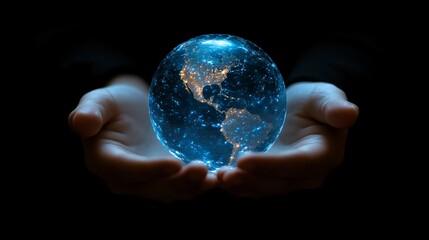 Hands holding glowing Earth globe, night background, global connection concept
