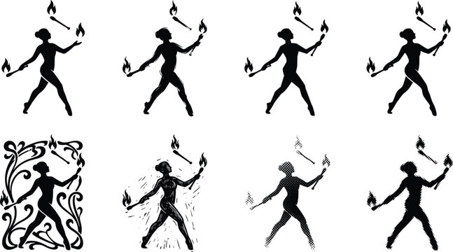 Fire dancing woman silhouette illustration set, female performer with flaming torches, dramatic movement vector icons for circus and performance art