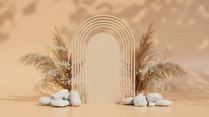 Minimalist Beige Arch with Dried Flowers and Stones for Elegant Natural Design Background