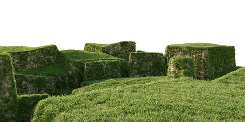 Square grassy blocks terrain with natural lighting. 3D rendering.	

