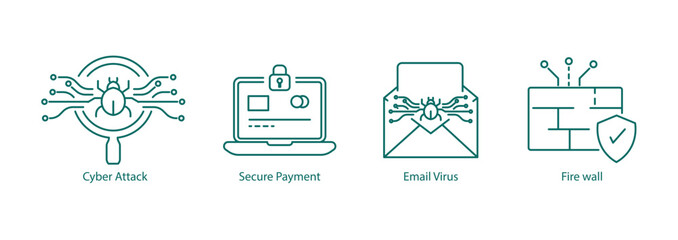 Cybersecurity icon pack with email virus and firewall protection
