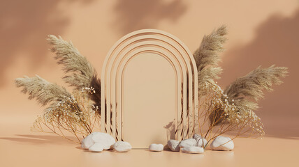 Minimalist Beige Arch with Dried Flowers and Stones for Elegant Natural Design Background