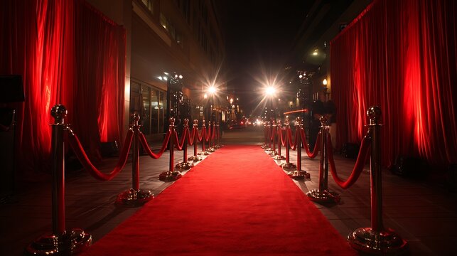 Illuminated red carpet flanked by curtains and stanchions, inviting entrance at night