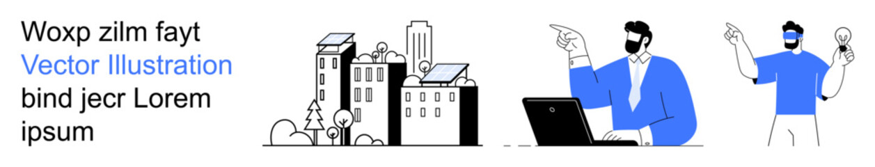 Urban planning, technology communication, remote work, business strategy, teamwork, digital connectivity. City buildings, person working and pointing to ideas. Urban planning and technology