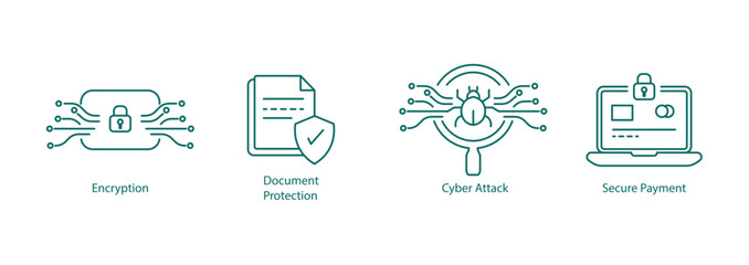Set of four cybersecurity icons including encryption and secure payment
