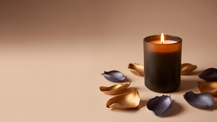 Burning Scented Candle with Dried Rose Petals on Beige Background for Spa and Relaxation Themes