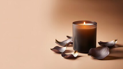 Burning Scented Candle with Dried Rose Petals on Beige Background for Spa and Relaxation Themes