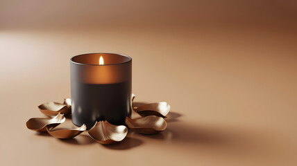 Burning Scented Candle with Dried Rose Petals on Beige Background for Spa and Relaxation Themes