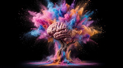 Vibrant brain explosion with colorful powder on black background