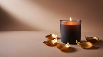 Burning Scented Candle with Dried Rose Petals on Beige Background for Spa and Relaxation Themes