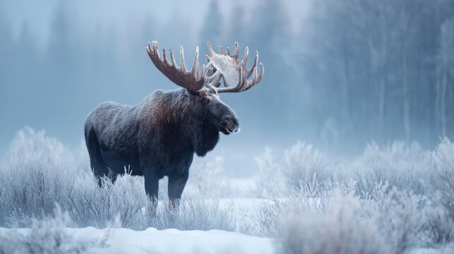 Majestic moose in frosty winter landscape amid snow-covered wilderness.