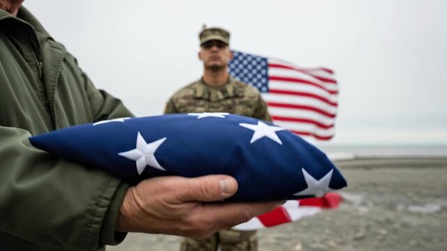 Folded American flag held during a military ceremony, symbolizing patriotism, honor, sacrifice, remembrance, and respect for fallen soldiers and veterans.