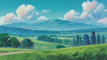 Obraz premium beautiful green landscape with blue sky and white clouds serene scenery