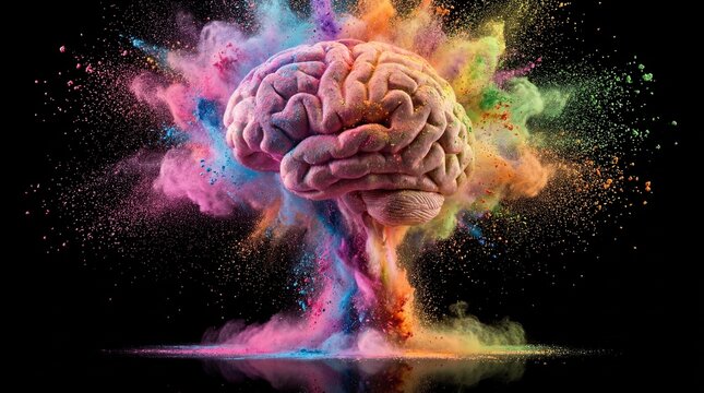 Vibrant brain explosion with colorful powder on black background - Powered by Adobe